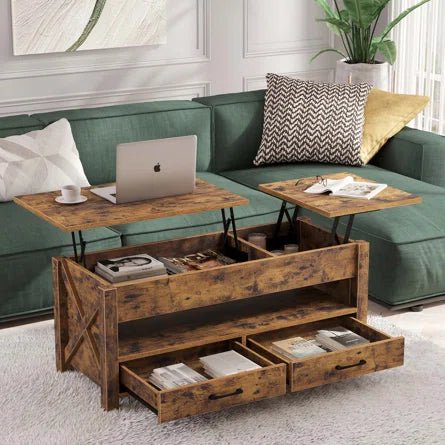 Handmade Dextyn Top Lift Coffee Table with Two Drawers for Storage Space Coffee Table - Bone Inlay Furnitures