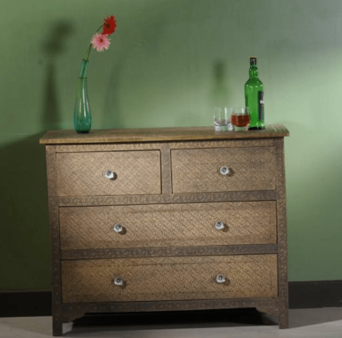 Handmade Embossed Brass Metal Chest of Four Drawers | Indian Metal Four Drawers Dresser Chest of Drawers - Bone Inlay Furnitures