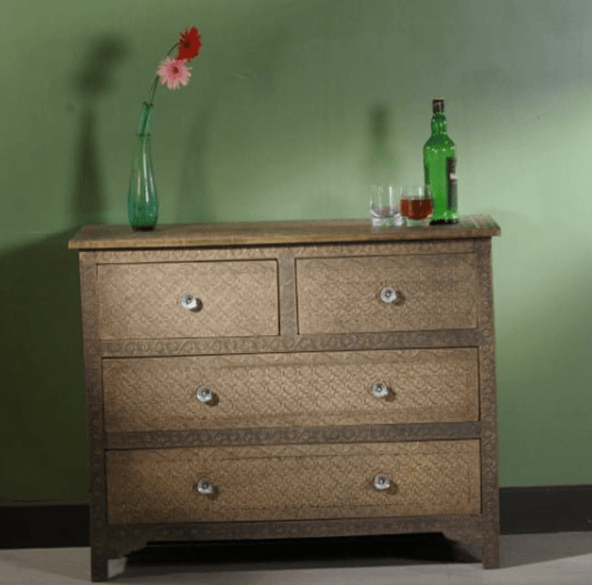 Handmade Embossed Brass Metal Chest of Four Drawers | Indian Metal Four Drawers Dresser Chest of Drawers - Bone Inlay Furnitures