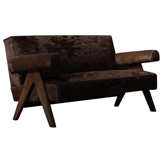 Handmade Pierre Jeanneret Sofa in Cognac Hide Brown Color Sofa - Bone Inlay Furnitures