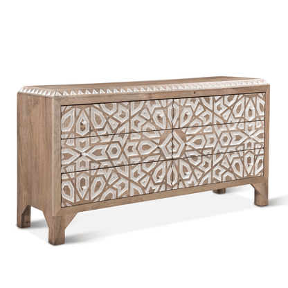 Handmade Wood Carved 6 Drawer Dresser | Hand Carved Wood Bohemian Chest Of Drawer, Drawer Dresser - Bone Inlay Furnitures