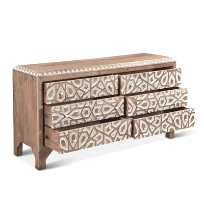 Handmade Wood Carved 6 Drawer Dresser | Hand Carved Wood Bohemian Chest Of Drawer, Drawer Dresser - Bone Inlay Furnitures