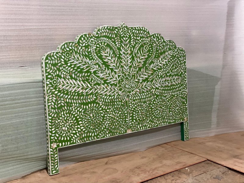 Intricately Green Peacock Mother Of Pearl Headboard Headboard - Bone Inlay Furnitures