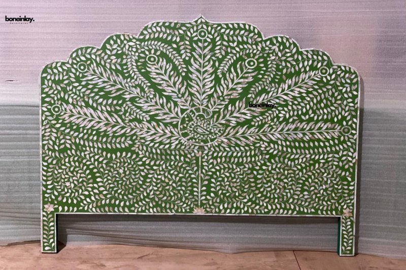 Intricately Green Peacock Mother Of Pearl Headboard Headboard - Bone Inlay Furnitures