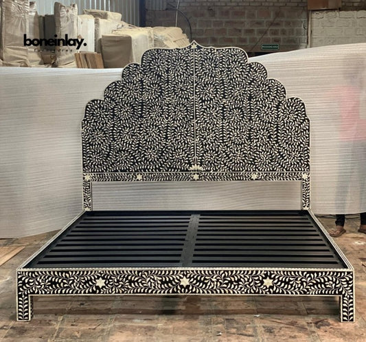 Luxurious Black Intricate Bone Inlay Floral Design Bed Headboard - Bone Inlay Furnitures