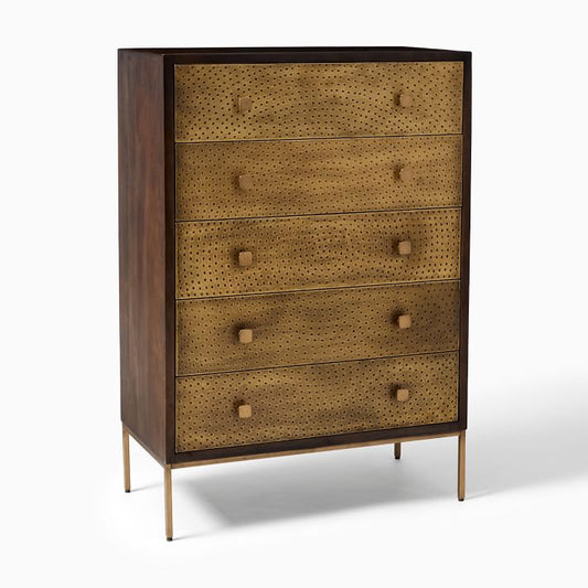 Manor Chest of Five Drawers with Brass Cladding | Golden Metal Brass Dresser Chest of Drawers - Bone Inlay Furnitures