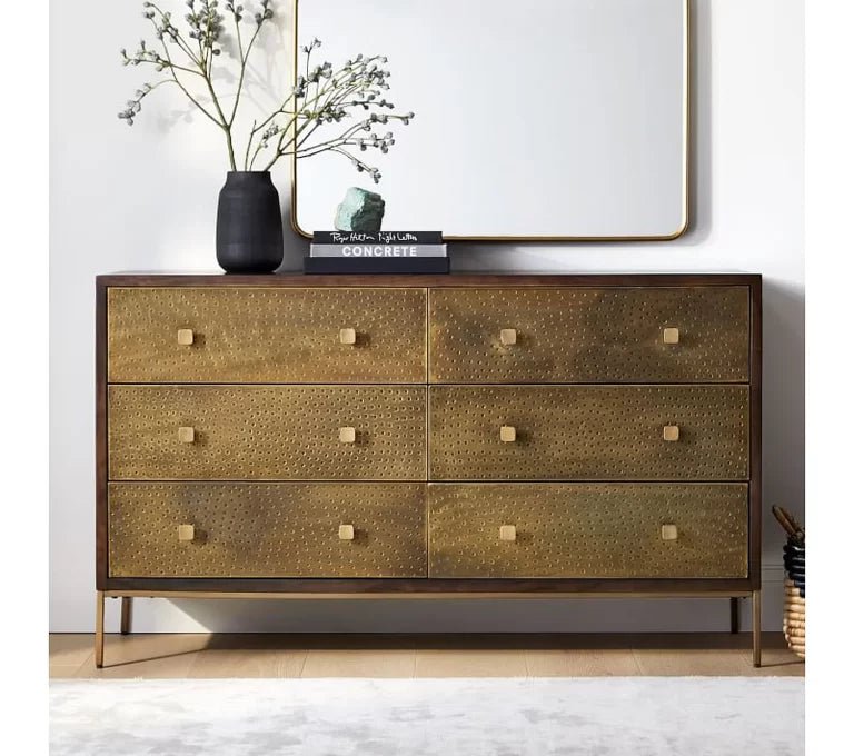 Manor Chest of Six Drawers with Brass Cladding | Indian Metal Chest of Drawer Chest of Drawers - Bone Inlay Furnitures