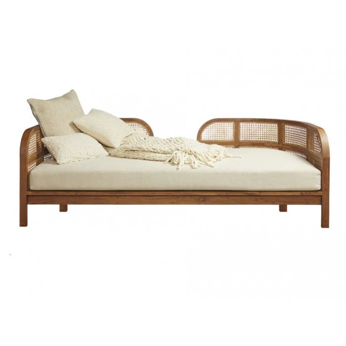 Natural Wood and Cane Daybed with Cushions - Boho Lounge Daybed - Bone Inlay Furnitures