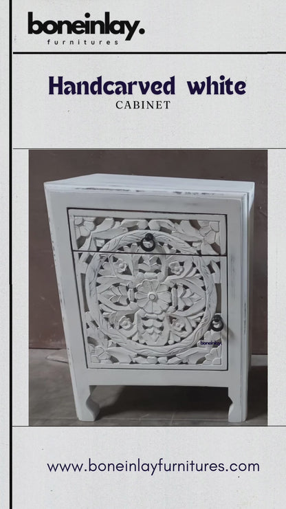 Handmade White Color Bedside Table | Hand-carved Unique Nightstand
