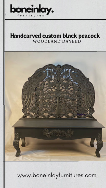 Hand Carved Custom Black Peacock Woodland Daybed