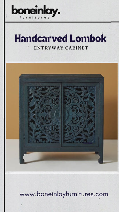 Handmade Lombok Entryway Cabinet Indigo Color | Hand-carved Wooden Storage Unit