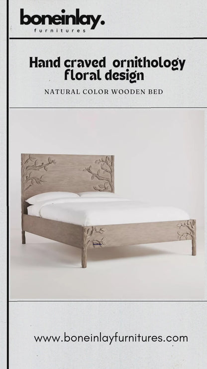 Hand carved Ornithology Floral Design Natural Color Wooden Bed with Headboard