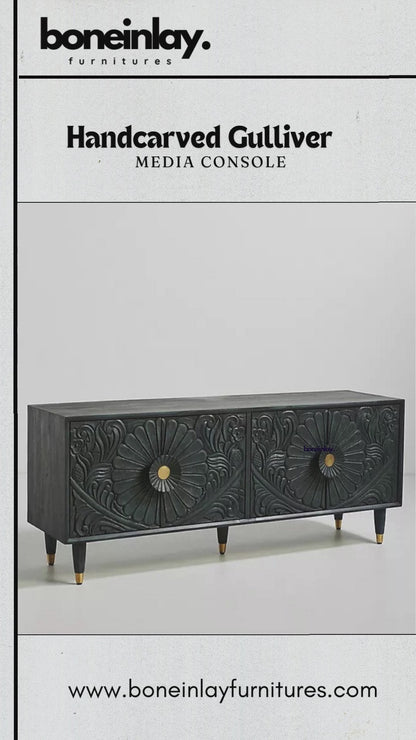 Hand Carved Gulliver Media Console | Wooden TV Unit Indigo Color | Indian Furniture