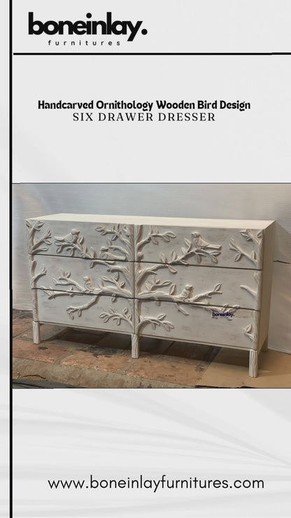 Hand Carved Ornithology Wooden Bird Design Six Drawer Dresser