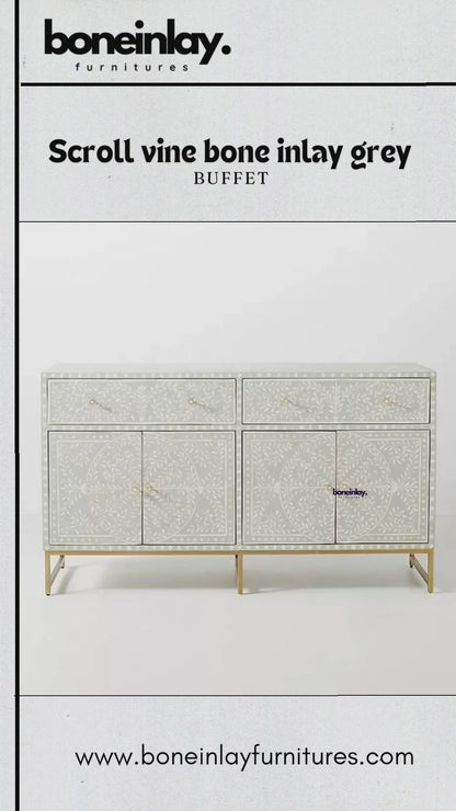 Handmade Inlay Floral Design Sideboard with Four Doors and Two Drawers in Grey Color | Custom Made Buffet Table