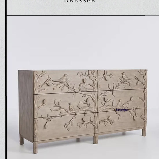 Hand Carved Ornithology Wooden Bird Design Six Drawer Dresser Chest of Drawers