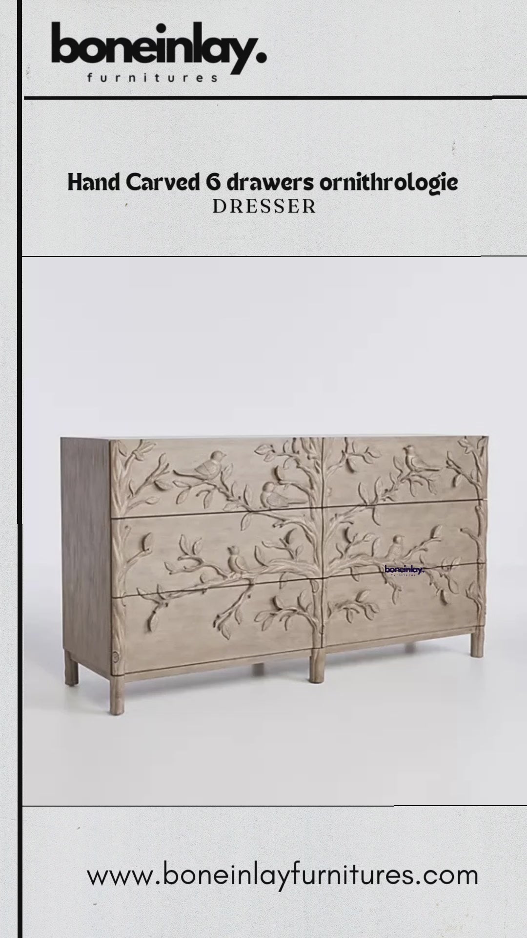 Hand Carved Ornithology Wooden Bird Design Six Drawer Dresser Chest of Drawers