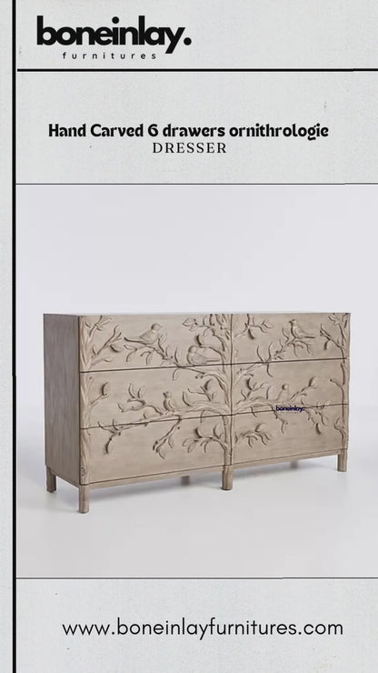 Hand Carved Ornithology Wooden Bird Design Six Drawer Dresser Chest of Drawers