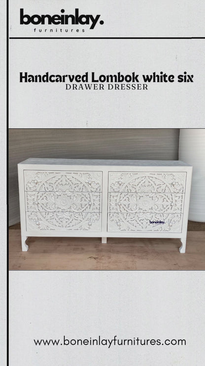 Hand Carved Lombok Six-Drawer Dresser in White Color 