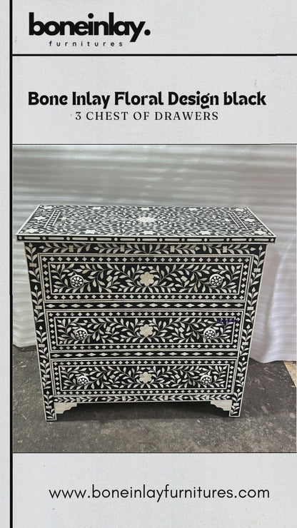 Handmade Bone Inlay Chest of Three Drawers Dresser in Black and White Color