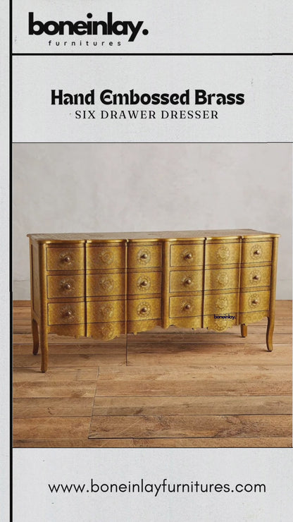 Hand Embossed Six Drawer Dresser  | Indian Brass Embossed Chest Of Drawer