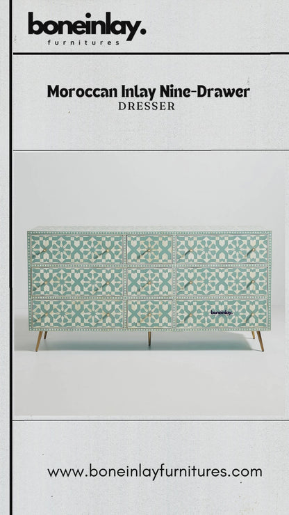 Handmade Bone Inlay Moroccan Design Chest of Nine Drawers Dresser in Slate Green