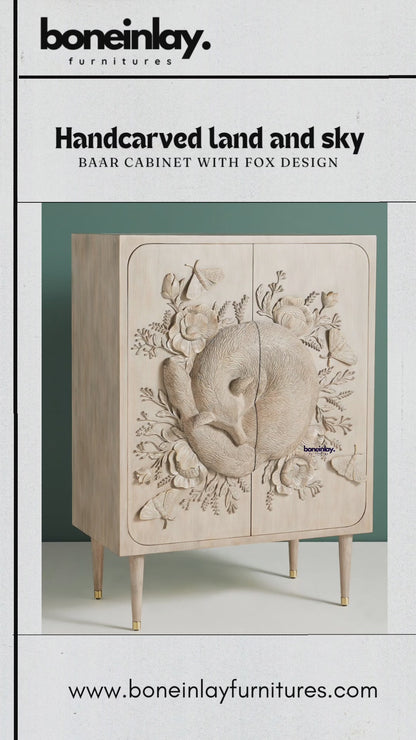 Hand Carved Land & Sky Bar Cabinet with Fox Design | Taupe Color Cabinet