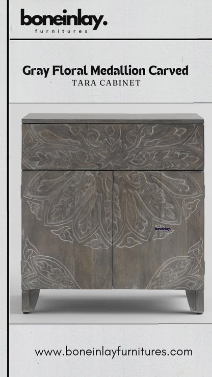 Handmade Floral Medallion Carved Tara Cabinet | Grey Color Wooden Small Sideboard