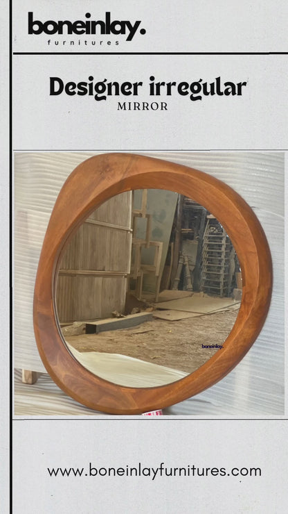 Designer Asymmetrical Walnut Brown Wooden Frame Mirror | Irregular Mirror