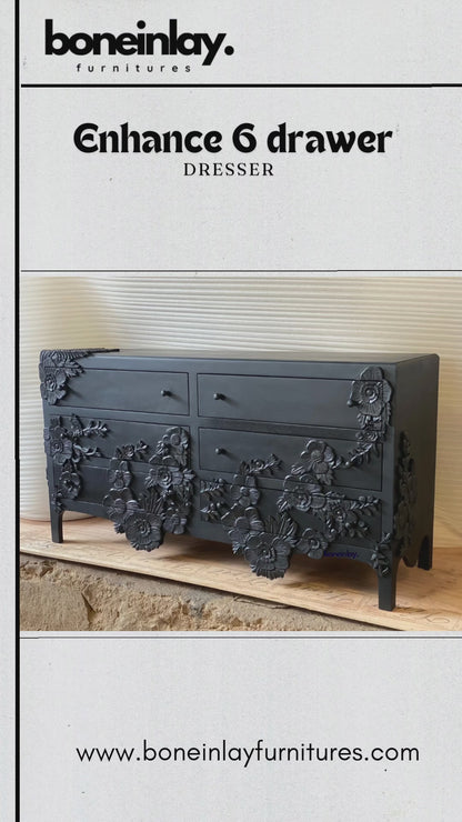 Hand Carved Black Enchantment Six Drawers Dresser