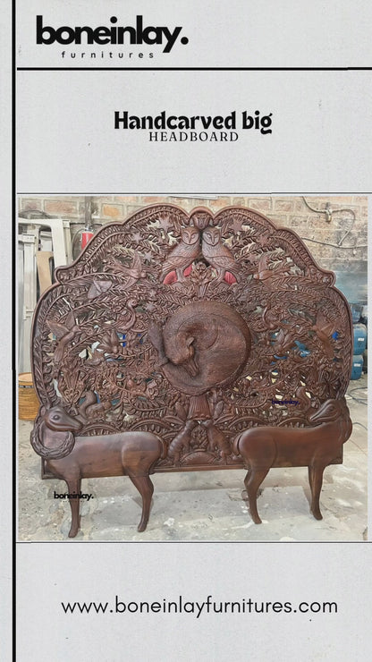 Hand Carved Menagerie Big Bed Headboard in Deer Design