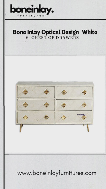 Handmade Bone Inlay Optical Design Chest of Six Drawers in White Color Storage Unit