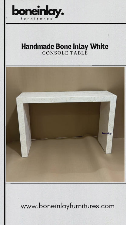 Handmade White Bone Inlay Console Table Floral Design | Custom Made White Entryway Table