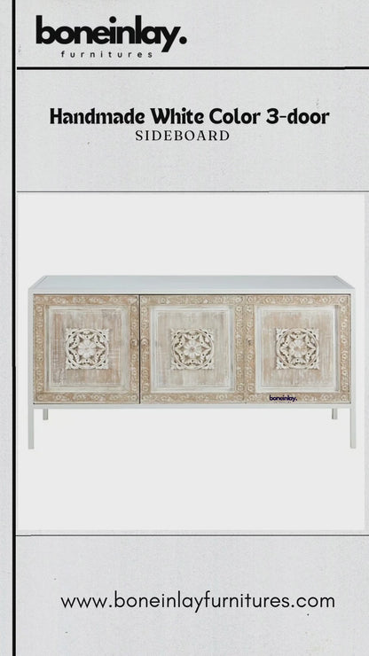 Hand Carved White Color Three Door Sideboard | Indian Buffet Table