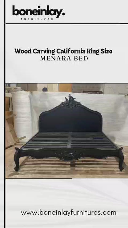 Hand Carved Solid Wooden Menara Bed  |  Wooden Platform Bed with Headboard