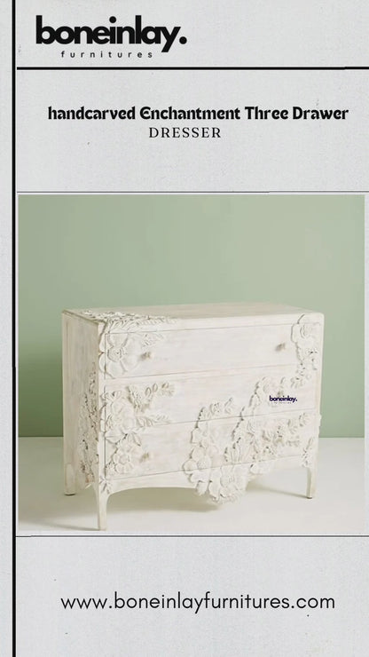 Hand Carved Enchantment Three Drawer Dresser Rose Design in White Color