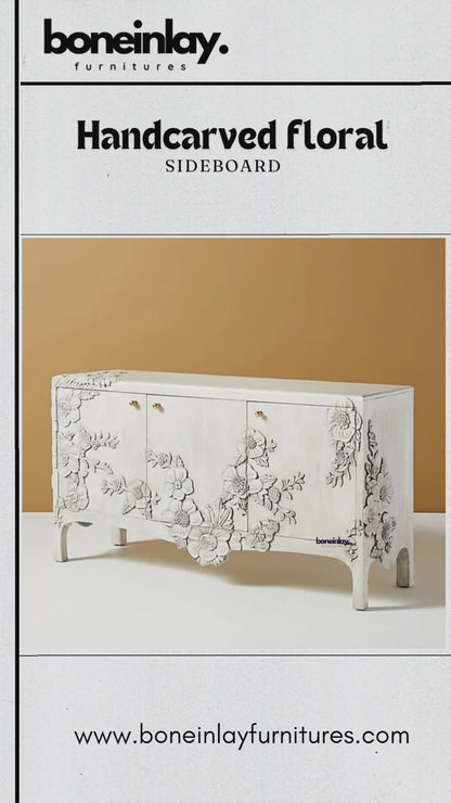 Hand-carved Floral Sideboard |White Distress Finish Buffet table