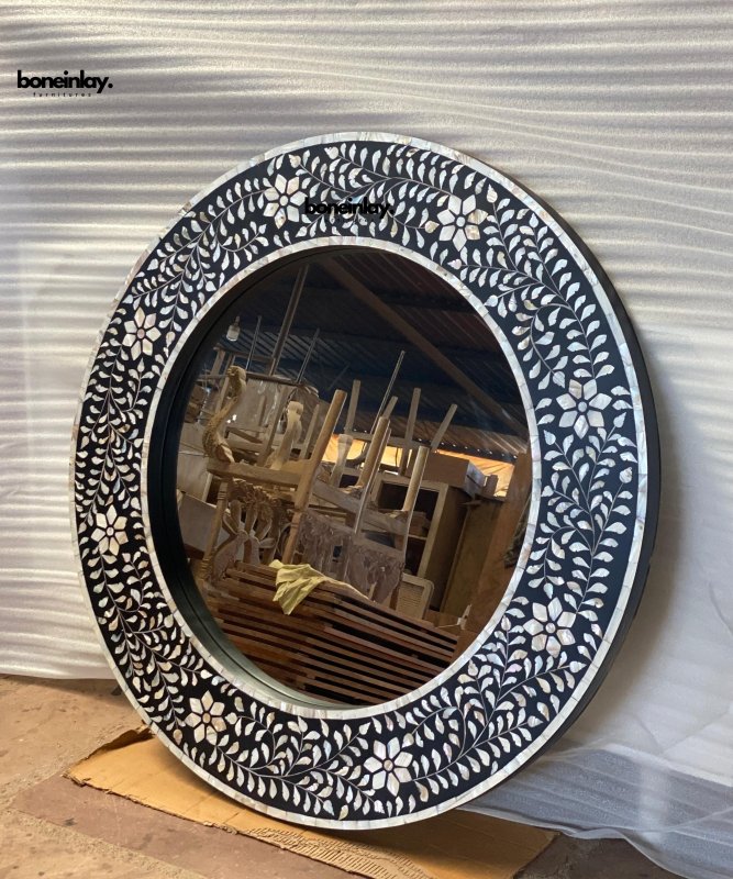 Round Mirror with Floral Mother of Pearl Design mirror frame - Bone Inlay Furnitures