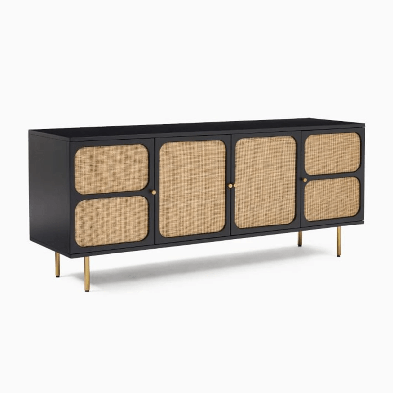 Solid Wood and Woven Black Media Console with Gold Metal Base | Indian Cane Furniture Media Console - Bone Inlay Furnitures