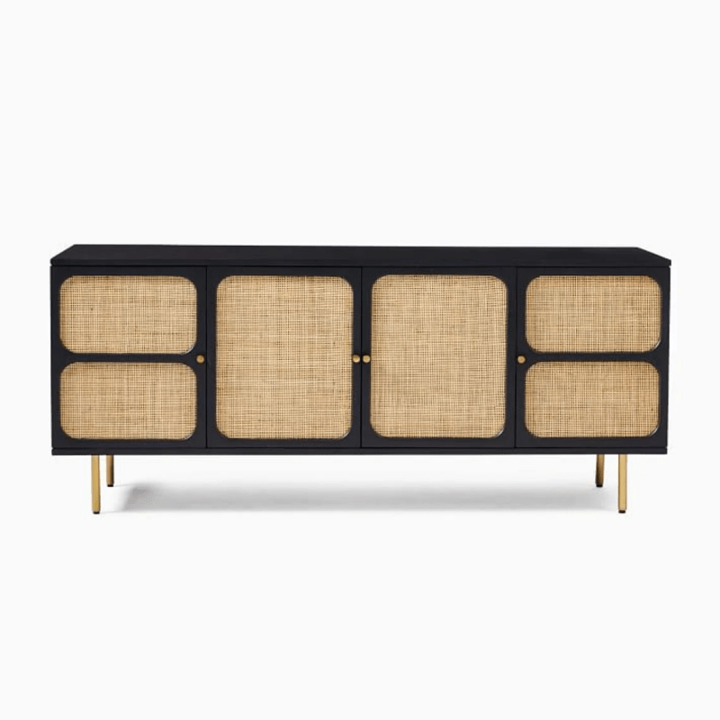 Solid Wood and Woven Black Media Console with Gold Metal Base | Indian Cane Furniture Media Console - Bone Inlay Furnitures