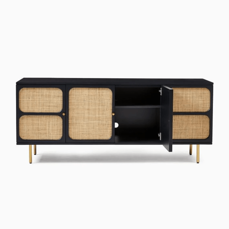 Solid Wood and Woven Black Media Console with Gold Metal Base | Indian Cane Furniture Media Console - Bone Inlay Furnitures