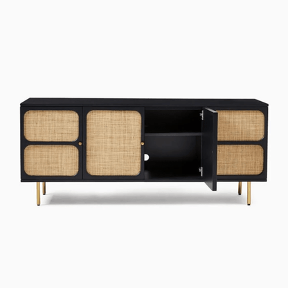 Solid Wood and Woven Black Media Console with Gold Metal Base | Indian Cane Furniture Media Console - Bone Inlay Furnitures