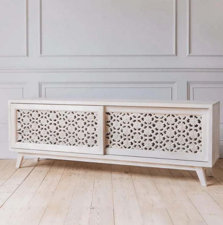 Solid Wooden White Color Hand Carved Media TV Unit Console Media Console - Bone Inlay Furnitures