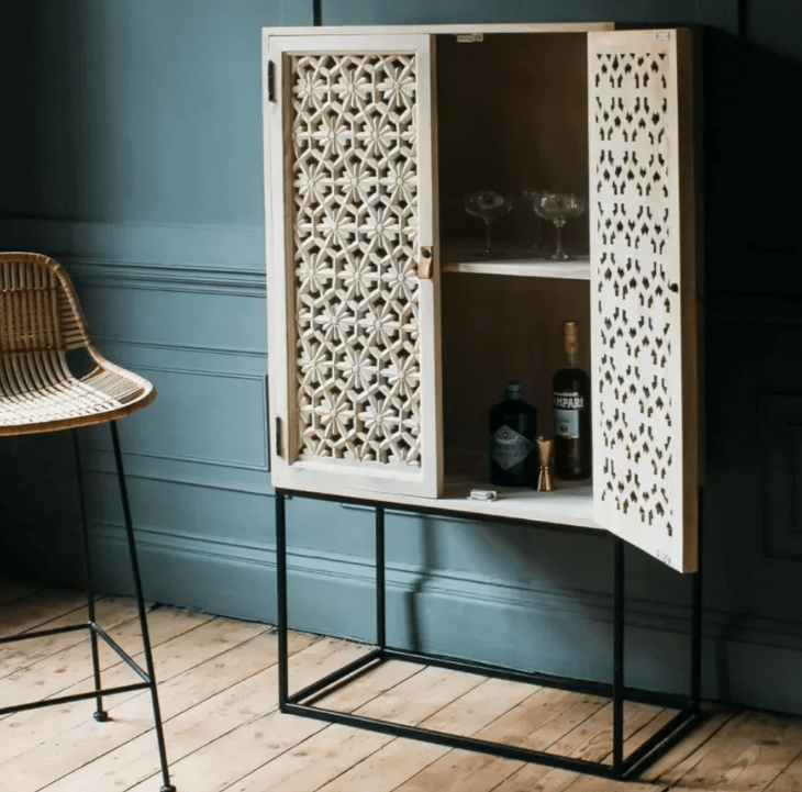 White Color Solid Wooden Hand carved Bar Cabinet with Two Door Bar Cabinet - Bone Inlay Furnitures