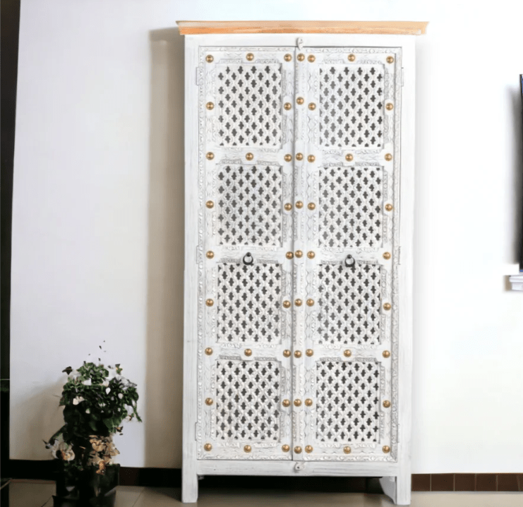 White Color Two Door Hand Carved Antique Armoire Armoire - Bone Inlay Furnitures