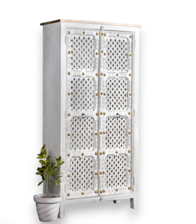 White Color Two Door Hand Carved Antique Armoire Armoire - Bone Inlay Furnitures