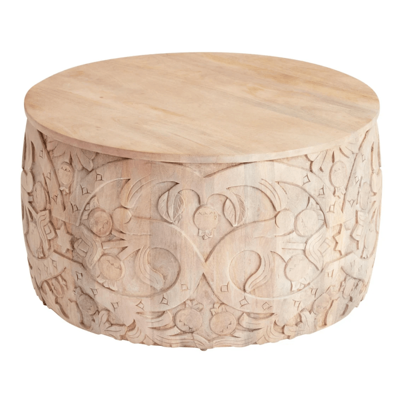 Wooden Hand Carving Coffee Table | Hand made Natural Round Cocktail Table Center Table - Bone Inlay Furnitures