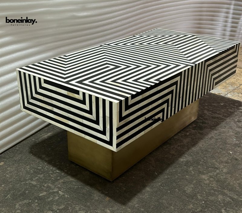 Wooden Rectangular Bone Inlay Stripe Design Center Table Black Center Table - Bone Inlay Furnitures