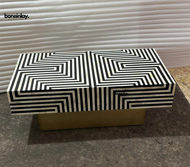 Wooden Rectangular Bone Inlay Stripe Design Center Table Black Center Table - Bone Inlay Furnitures