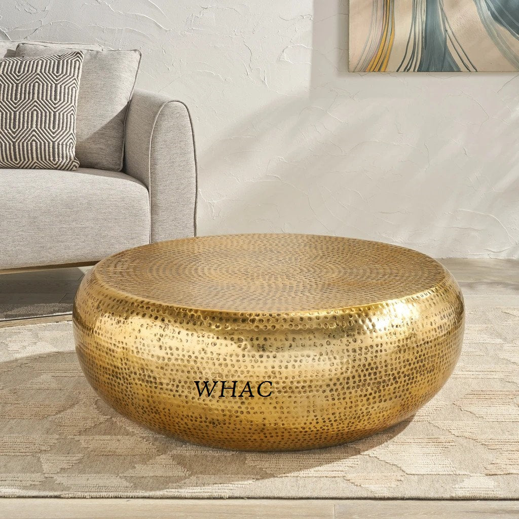 Antique Round Hammered Coffee Table | Hand Embossed Metal Center